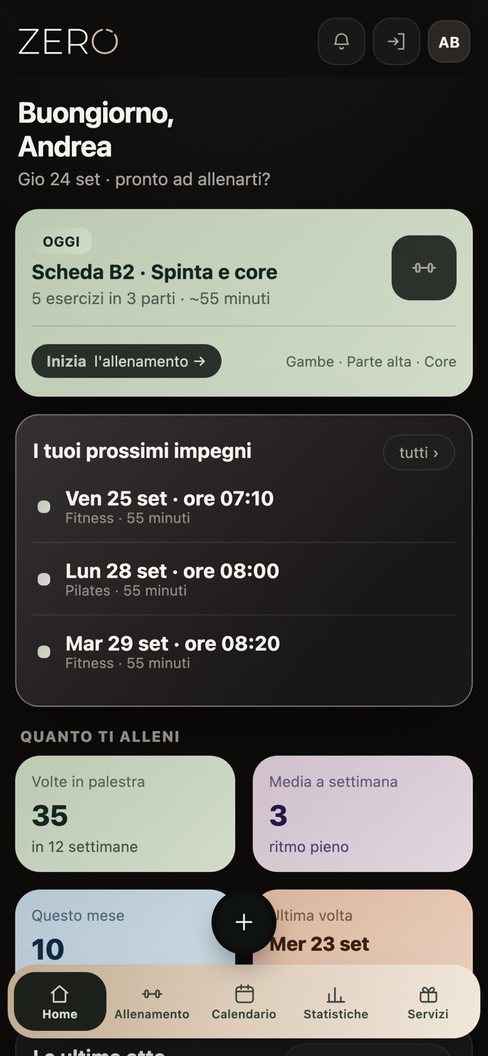 Home della Zero App: l'allenamento di oggi, i prossimi impegni e le scorciatoie per prenotare.