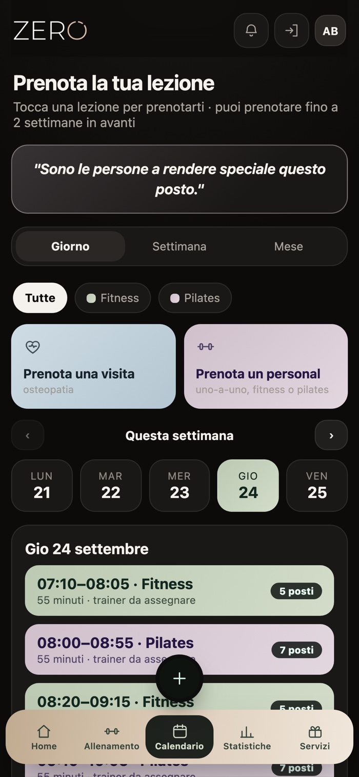Le lezioni del giorno con i posti ancora liberi, da prenotare con un tocco.