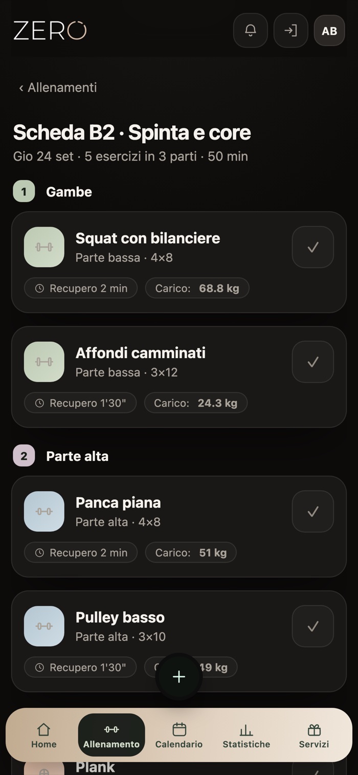 Scheda di allenamento con serie, ripetizioni, tempo di recupero e carico suggerito per ogni esercizio.